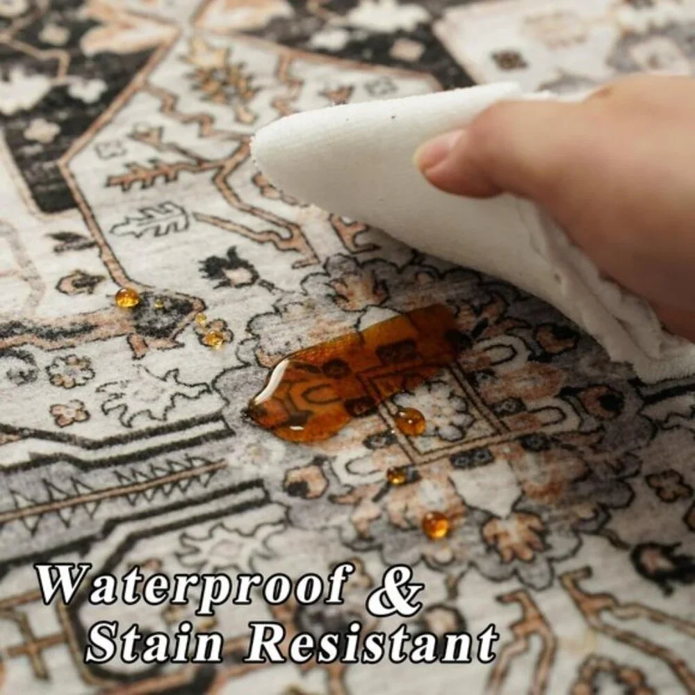 New 8x10 Black Vintage Rug, Washable Stain-Resistant Non-Slip Carpet for Home